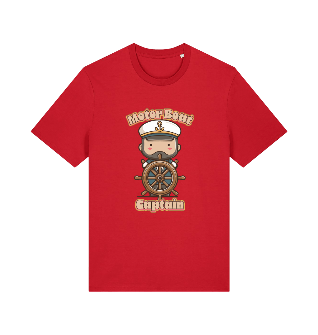 red kawaii t-shirt with a cartoon character of a captain and the slogan 'Motor Boat Captain' 