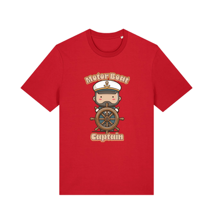 red kawaii t-shirt with a cartoon character of a captain and the slogan 'Motor Boat Captain' 
