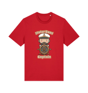 red kawaii t-shirt with a cartoon character of a captain and the slogan 'Motor Boat Captain' 
