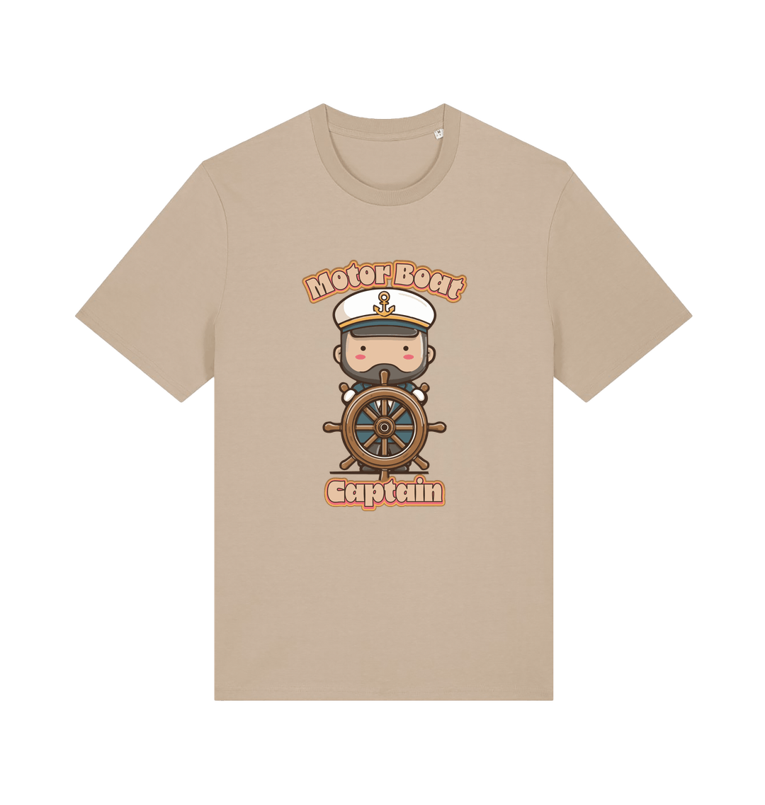 sand kawaii t-shirt with a cartoon character of a captain and the slogan 'Motor Boat Captain' 