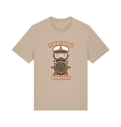 sand kawaii t-shirt with a cartoon character of a captain and the slogan 'Motor Boat Captain' 