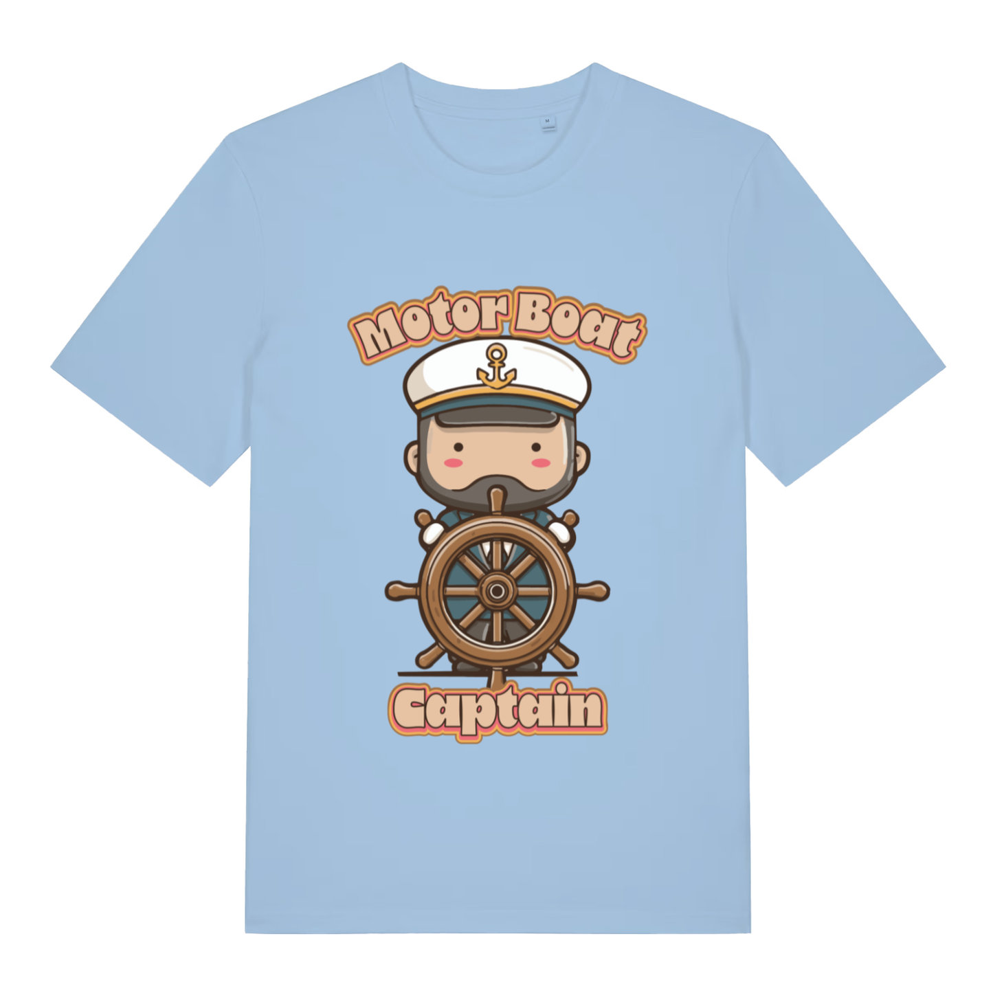 Sky blue Motor Boat Captain funny graphic t-shirt showing cute captain at the wheel  