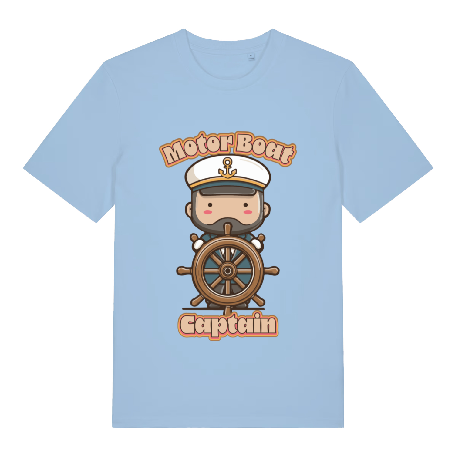 Sky blue Motor Boat Captain funny graphic t-shirt showing cute captain at the wheel  