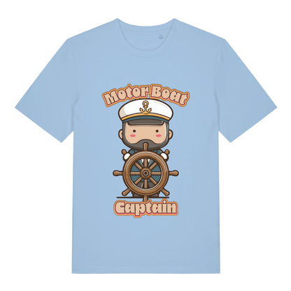 Sky blue Motor Boat Captain funny graphic t-shirt showing cute captain at the wheel  