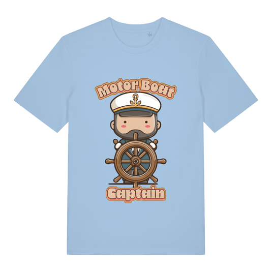 Sky blue Motor Boat Captain funny graphic t-shirt showing cute captain at the wheel  