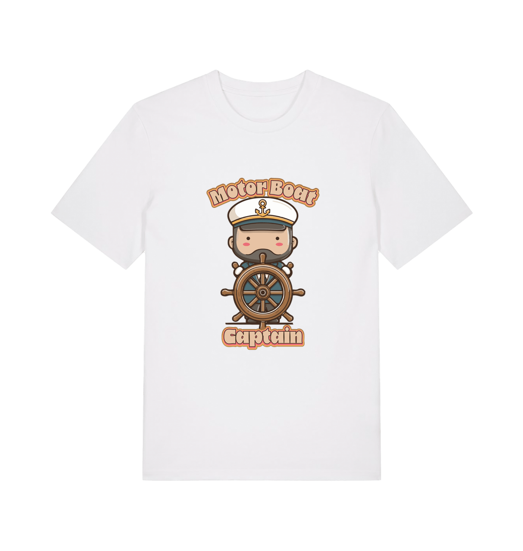 white kawaii t-shirt with a cartoon character of a captain and the slogan 'Motor Boat Captain' 