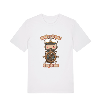 white kawaii t-shirt with a cartoon character of a captain and the slogan 'Motor Boat Captain' 