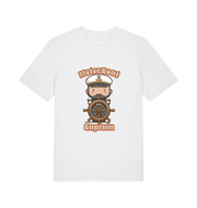 white kawaii t-shirt with a cartoon character of a captain and the slogan 'Motor Boat Captain' 
