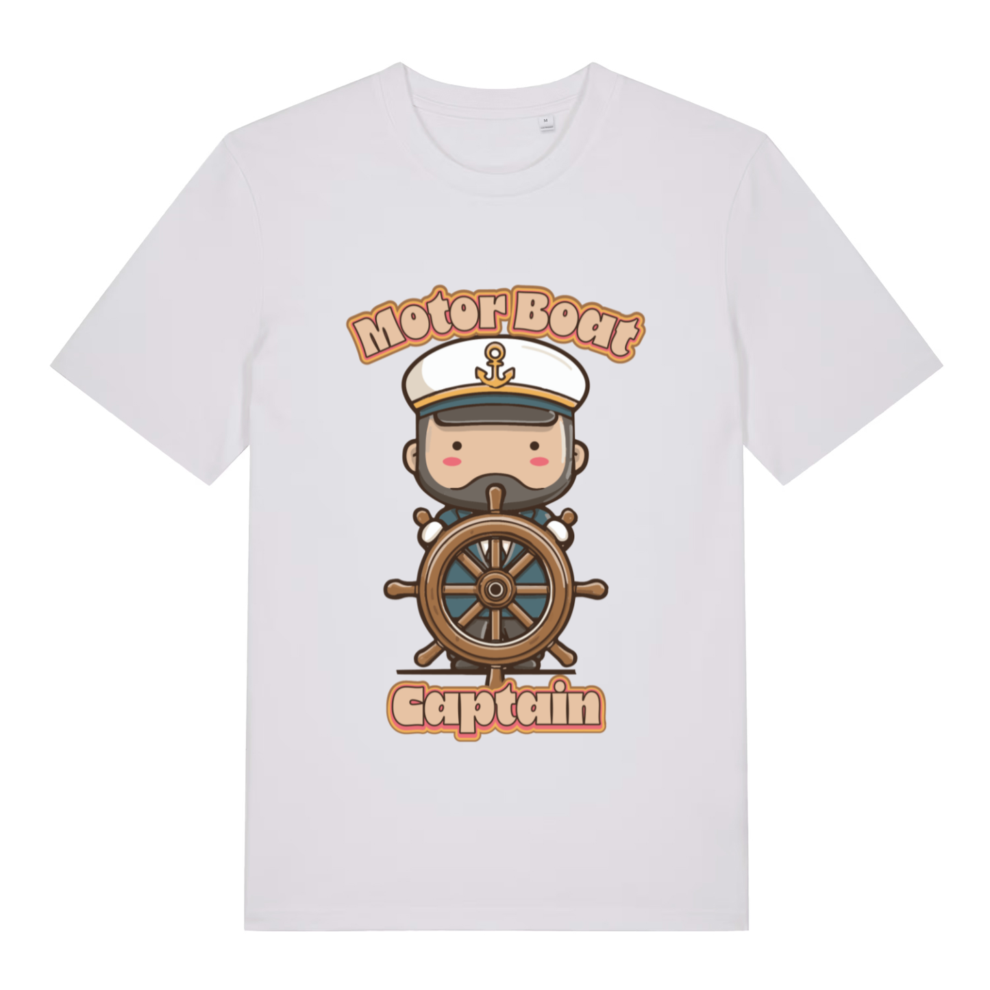 White Motor Boat Captain funny graphic t-shirt with detailed kawaii captain design  