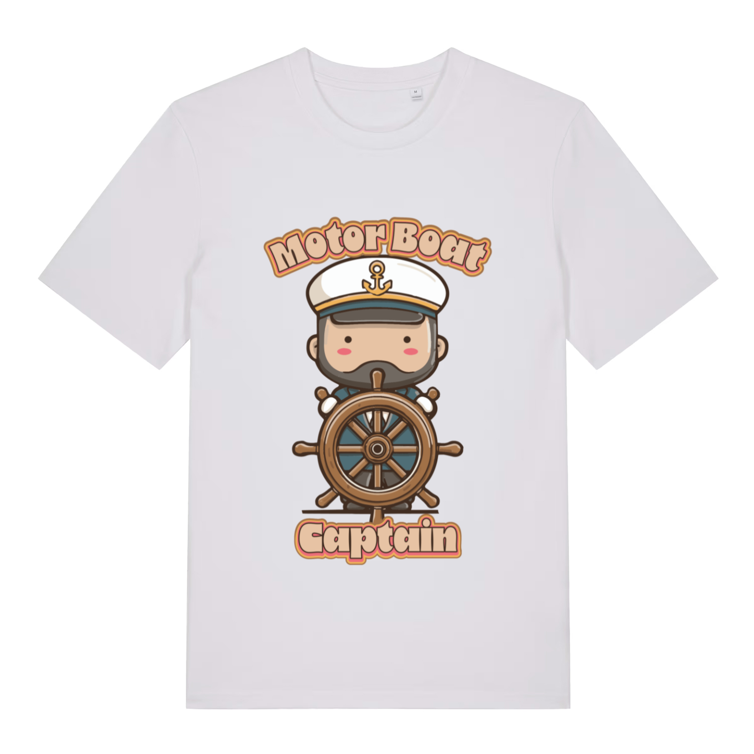 White Motor Boat Captain funny graphic t-shirt with detailed kawaii captain design  