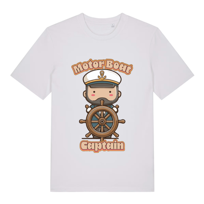 White Motor Boat Captain funny graphic t-shirt with detailed kawaii captain design  