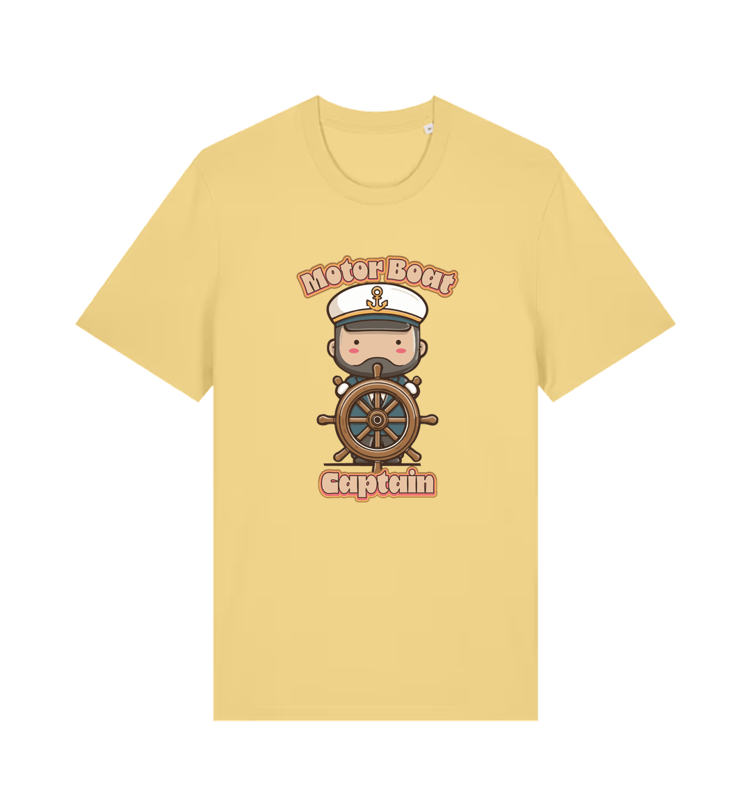 yellow kawaii t-shirt with a cartoon character of a captain and the slogan 'Motor Boat Captain' 