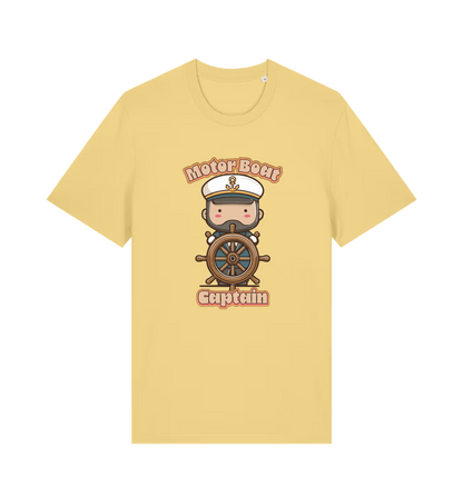 yellow kawaii t-shirt with a cartoon character of a captain and the slogan 'Motor Boat Captain' 
