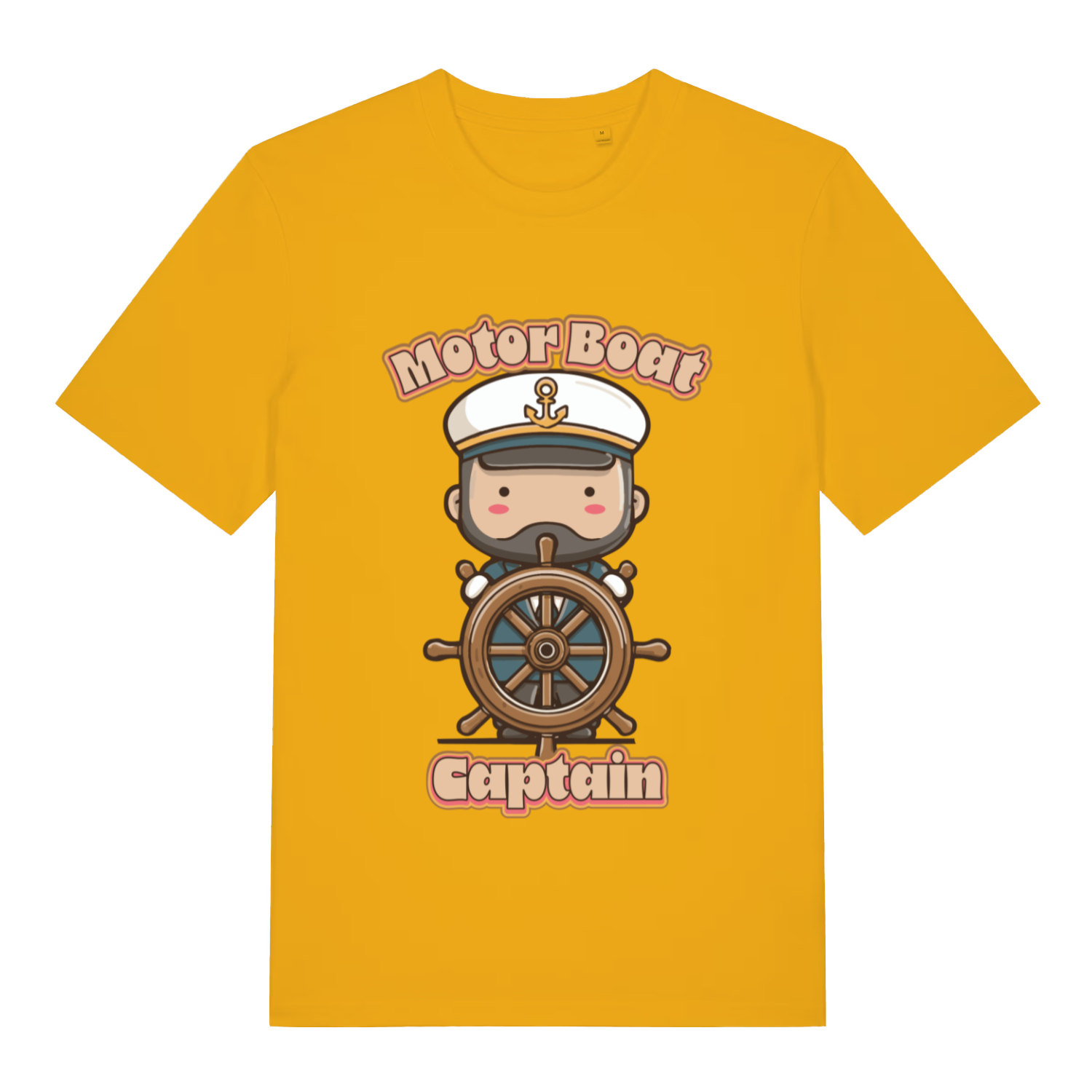 Yellow Motor Boat Captain funny graphic t-shirt featuring bearded skipper and bold slogan  