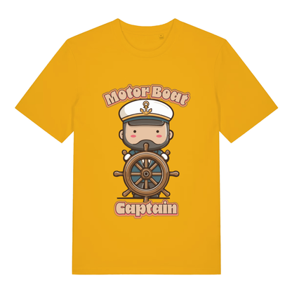 Yellow Motor Boat Captain funny graphic t-shirt featuring bearded skipper and bold slogan  