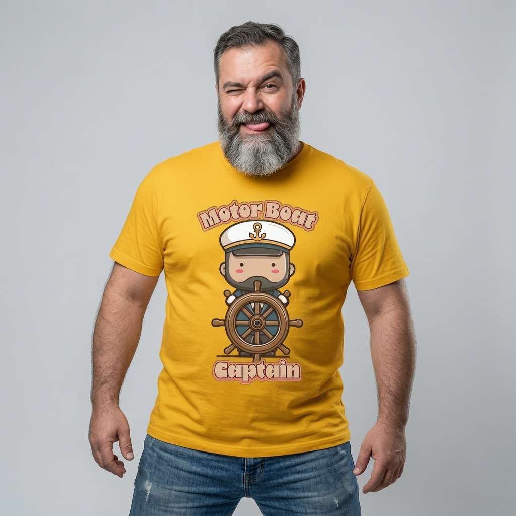 Bearded man with tongue out winking in yellow Motor Boat Captain t-shirt featuring cartoon captain at wheel, mens funny witty boat captain pun graphic