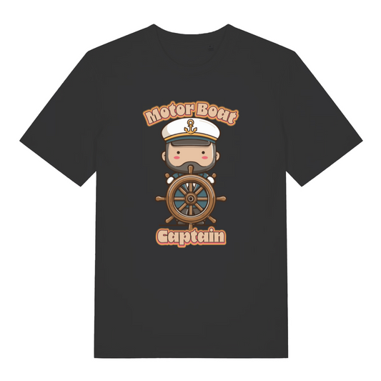 Black kawaii t-shirt with a cartoon character of a captain and 'Motor Boat Captain' text 