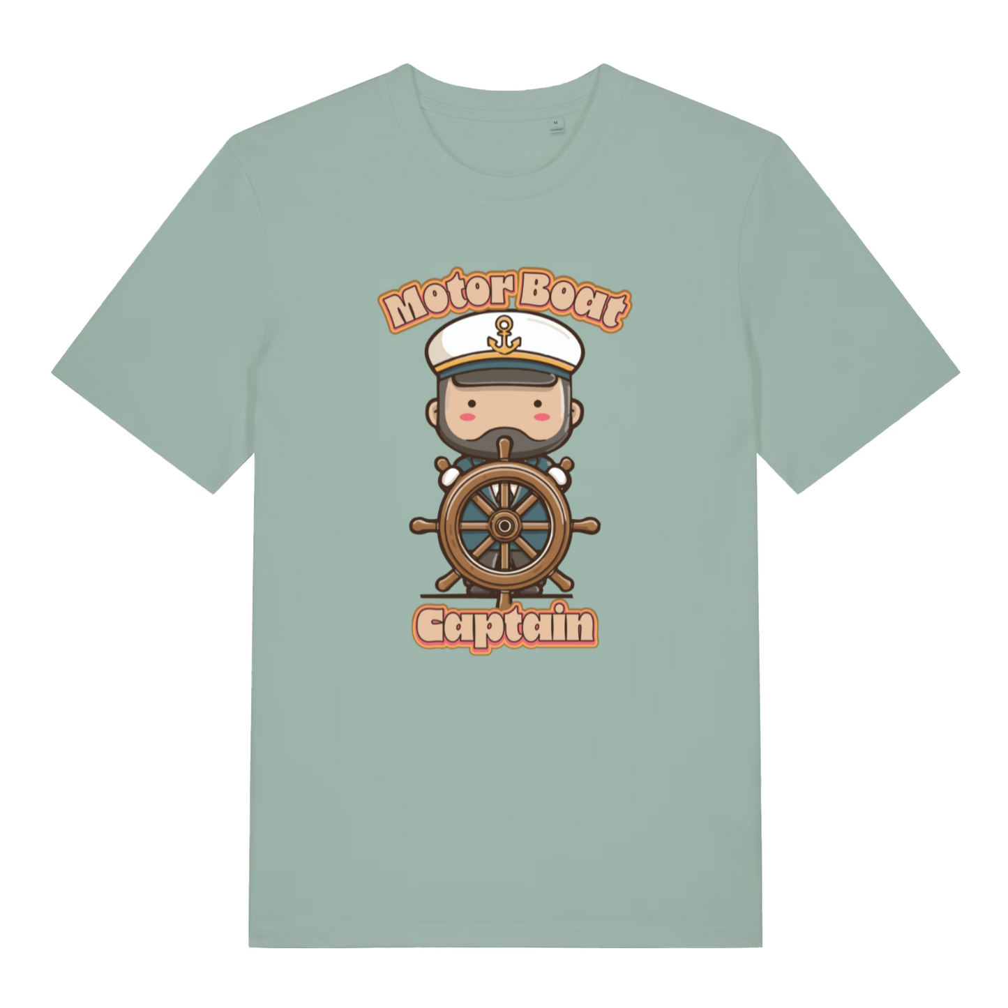green kawaii t-shirt with a cartoon character of a captain and 'Motor Boat Captain' text 