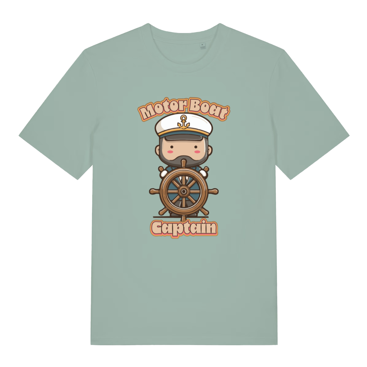 green kawaii t-shirt with a cartoon character of a captain and 'Motor Boat Captain' text 