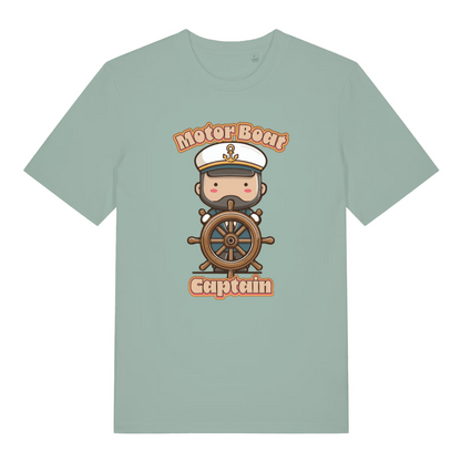 green kawaii t-shirt with a cartoon character of a captain and 'Motor Boat Captain' text 