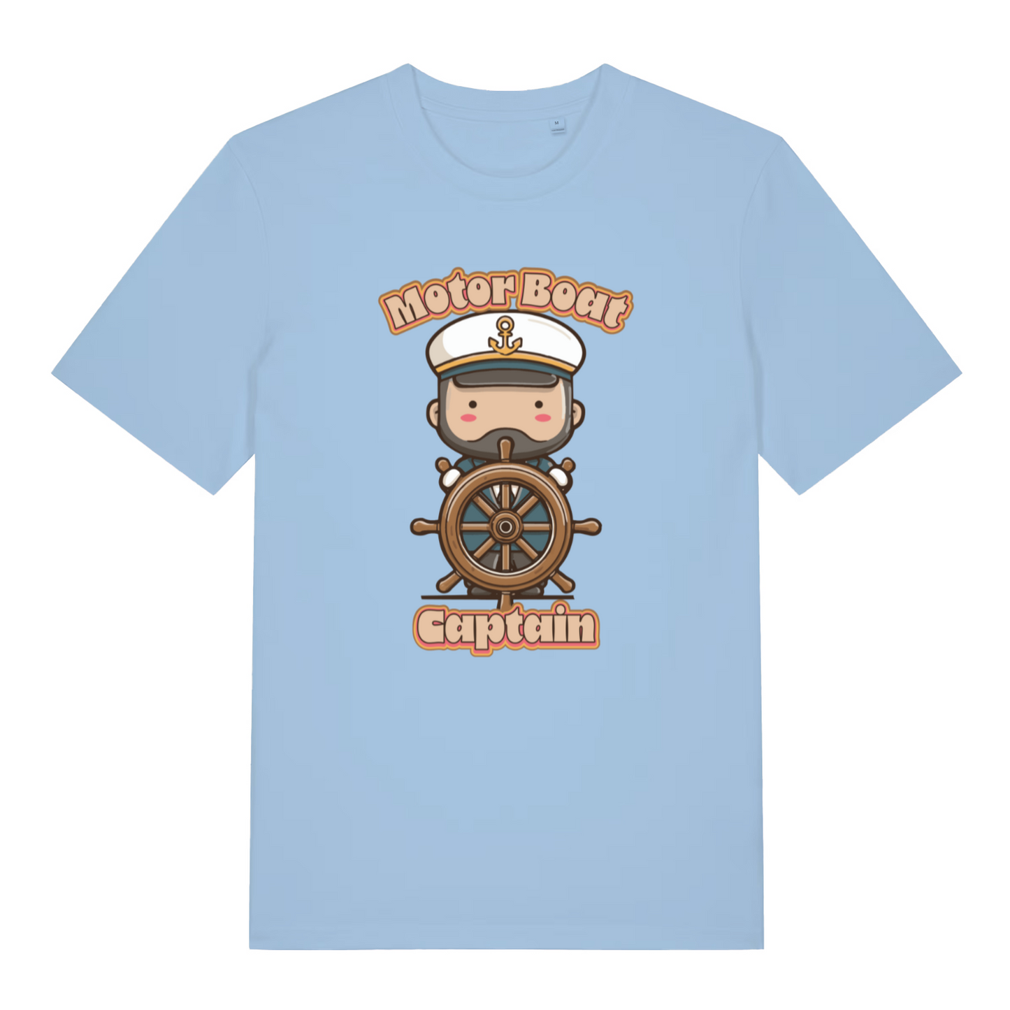 light blue kawaii t-shirt with a cartoon character of a captain and 'Motor Boat Captain' text 