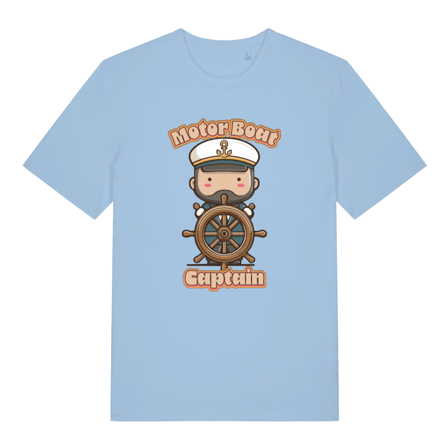 light blue kawaii t-shirt with a cartoon character of a captain and 'Motor Boat Captain' text 