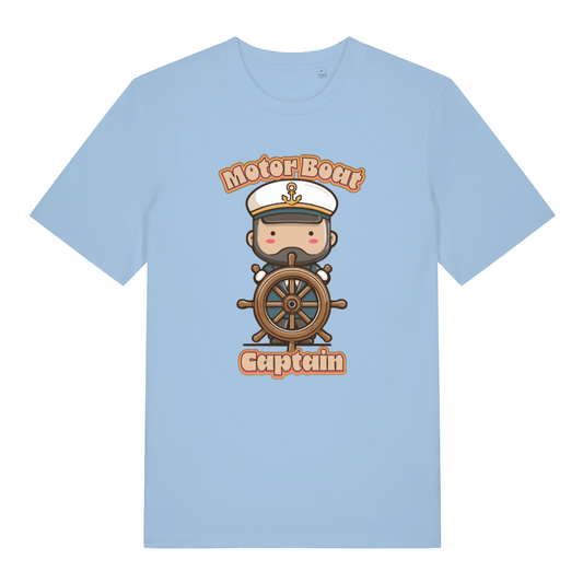 light blue kawaii t-shirt with a cartoon character of a captain and 'Motor Boat Captain' text 