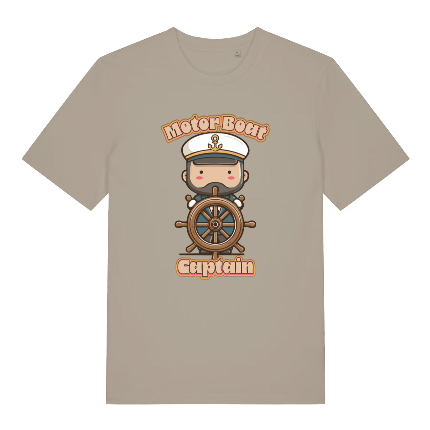stone kawaii t-shirt with a cartoon character of a captain and 'Motor Boat Captain' text 