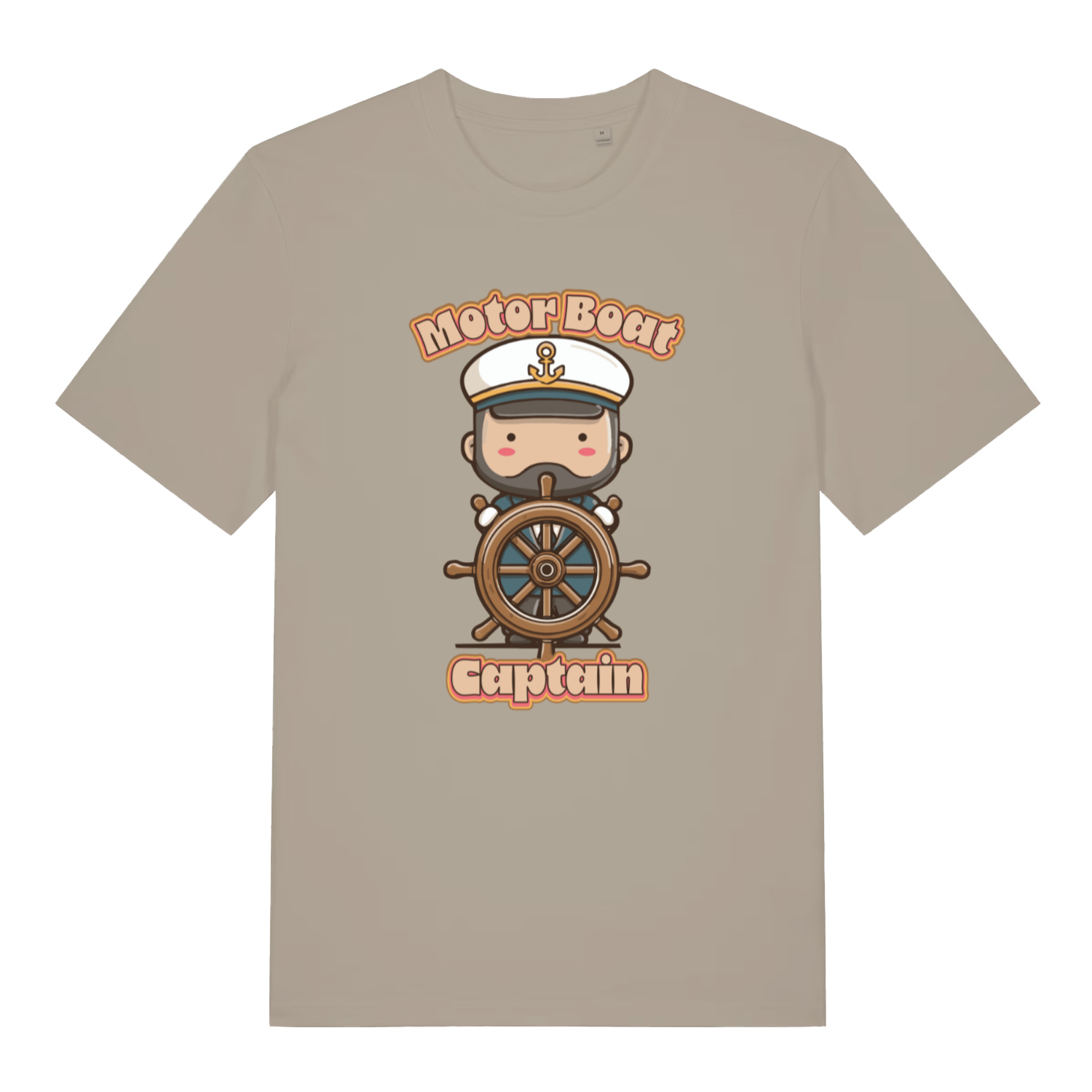stone kawaii t-shirt with a cartoon character of a captain and 'Motor Boat Captain' text 