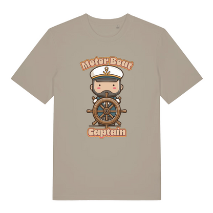 stone kawaii t-shirt with a cartoon character of a captain and 'Motor Boat Captain' text 