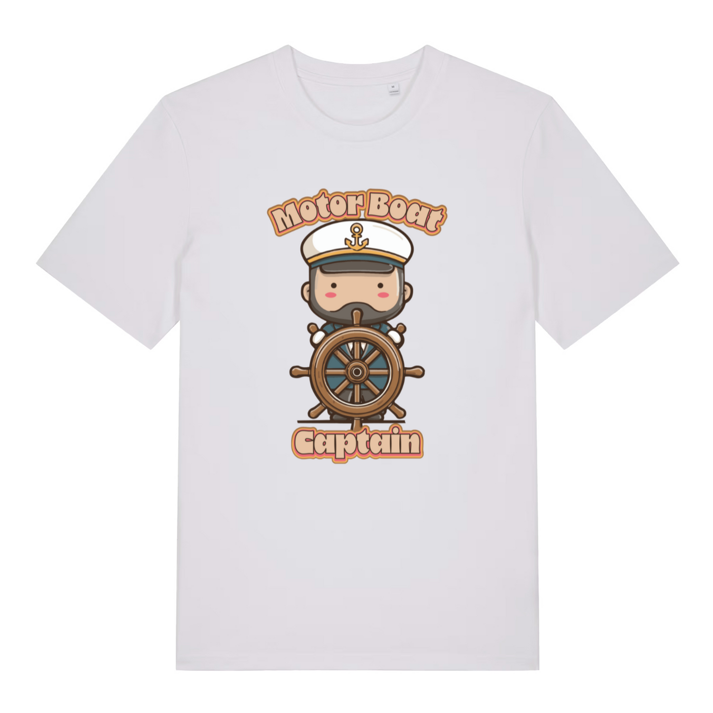 white kawaii t-shirt with a cartoon character of a captain and 'Motor Boat Captain' text 
