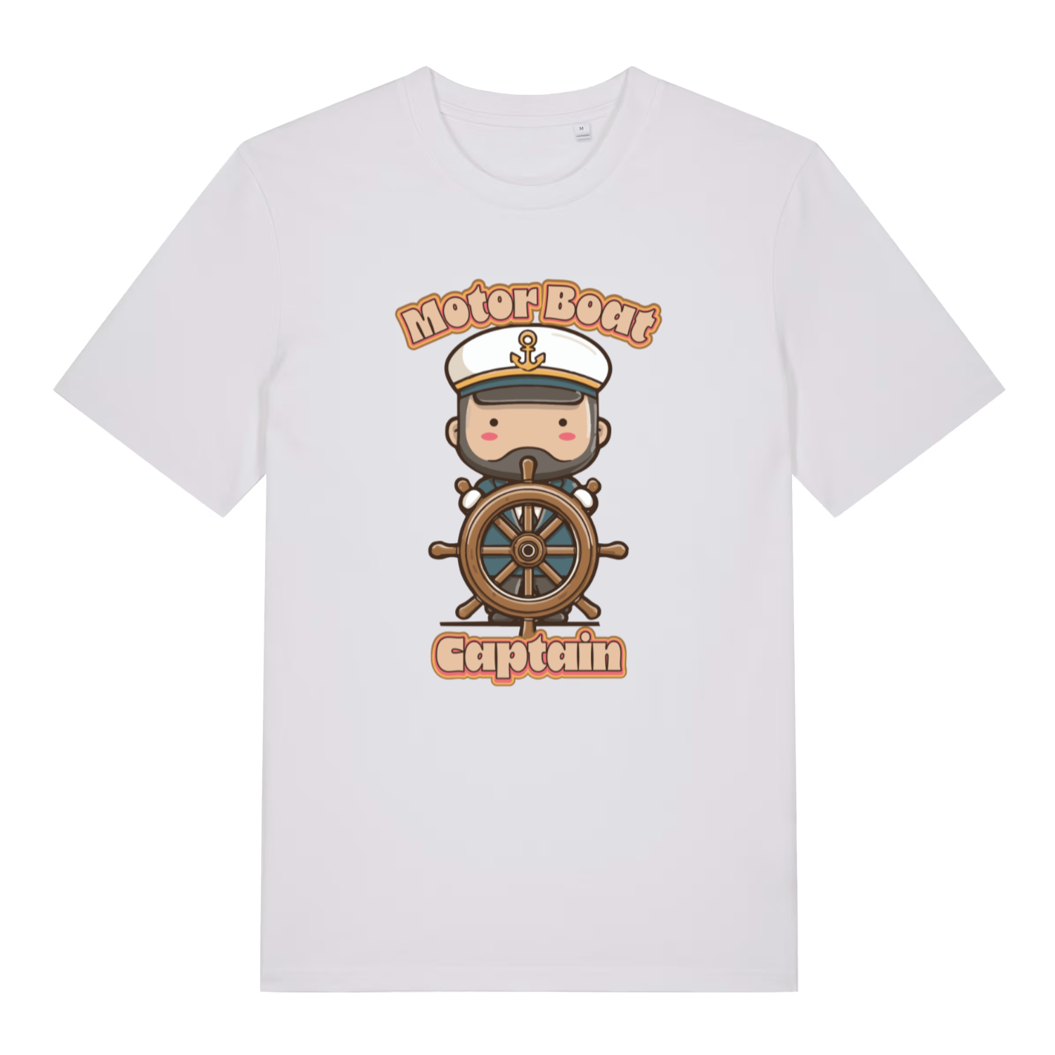 white kawaii t-shirt with a cartoon character of a captain and 'Motor Boat Captain' text 