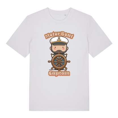 white kawaii t-shirt with a cartoon character of a captain and 'Motor Boat Captain' text 