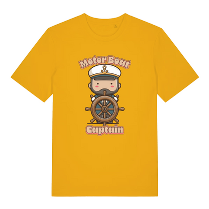 yellow kawaii t-shirt with a cartoon character of a captain and 'Motor Boat Captain' text 