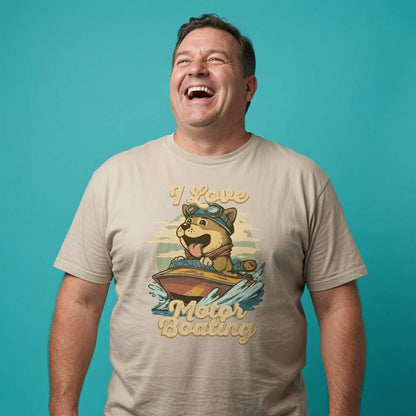 Man laughing with head tilted while wearing a beige I Love Motorboating t-shirt, funny mens motorboat pun graphic design that every cheeky lad will claim