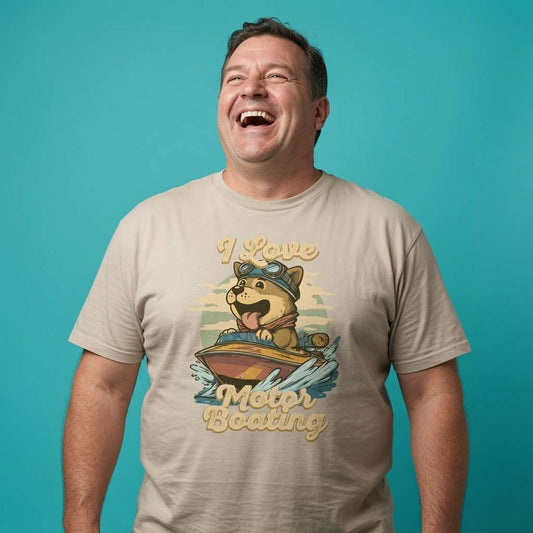 Man laughing with head tilted while wearing a beige I Love Motorboating t-shirt, funny mens motorboat pun graphic design that every cheeky lad will claim