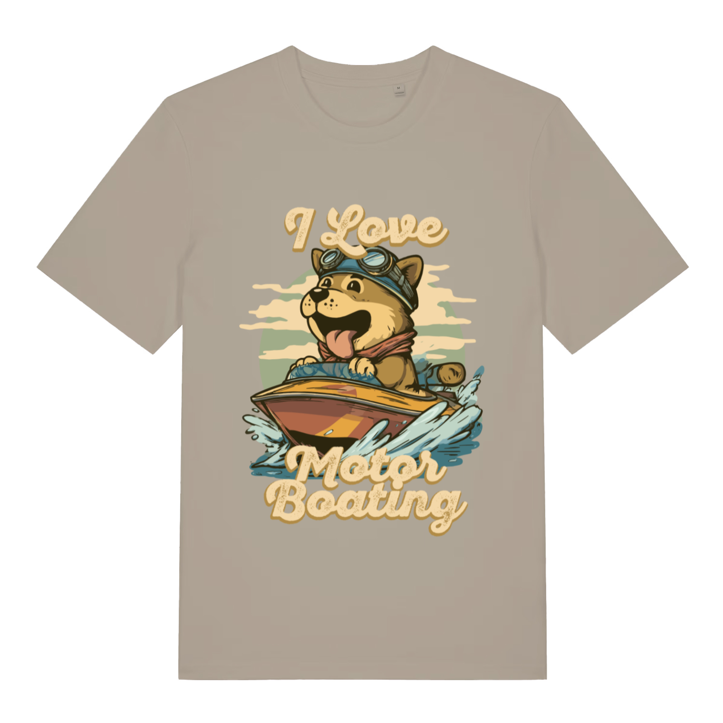 Beige I Love Motor Boating funny graphic t-shirt with happy dog driving a speedboat  