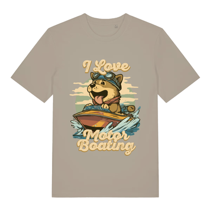Beige I Love Motor Boating funny graphic t-shirt with happy dog driving a speedboat  