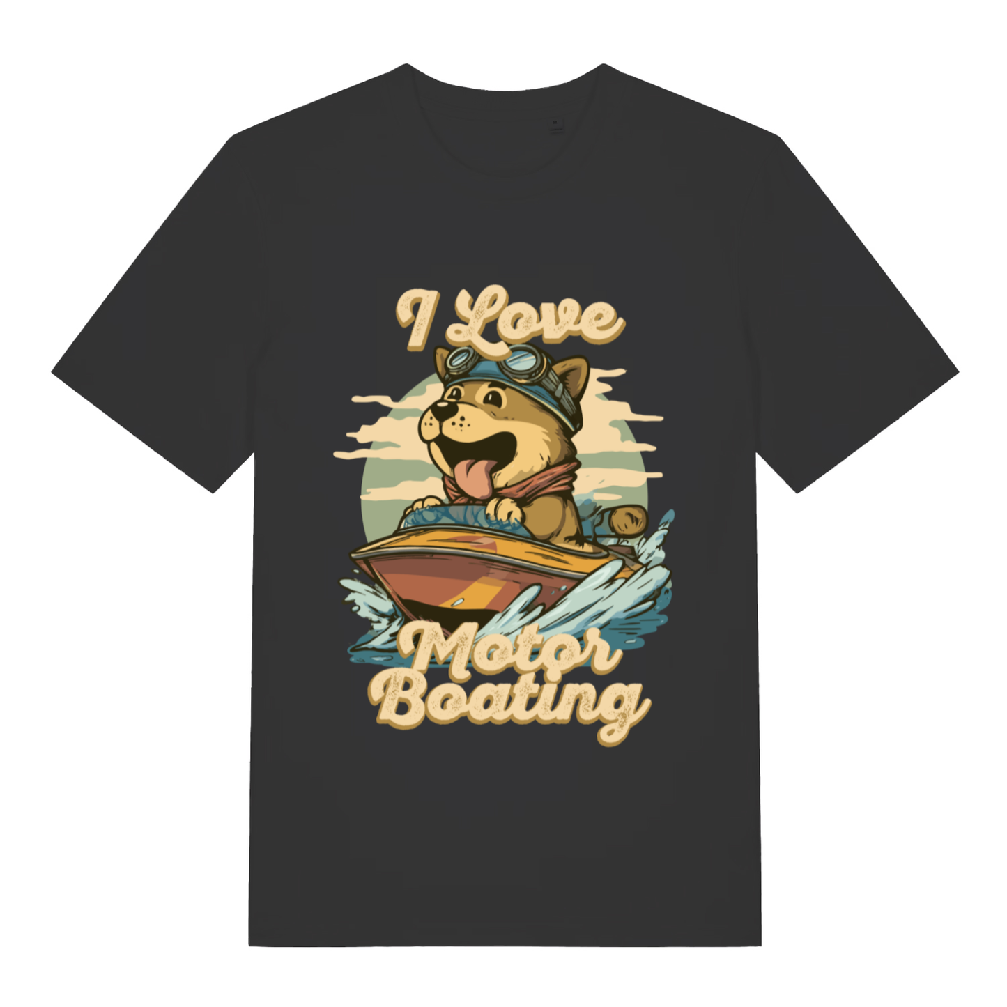 Black I Love Motor Boating funny graphic t-shirt featuring grinning dog in goggles on a boat  