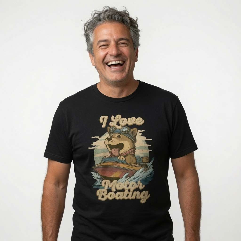 Man laughing while wearing a black I Love Motorboating t-shirt featuring a cartoon dog in a speedboat, funny mens witty dog pun graphic animal design full of pure attitude