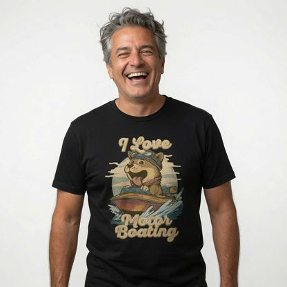 Man laughing while wearing a black I Love Motorboating t-shirt featuring a cartoon dog in a speedboat, funny mens witty dog pun graphic animal design full of pure attitude