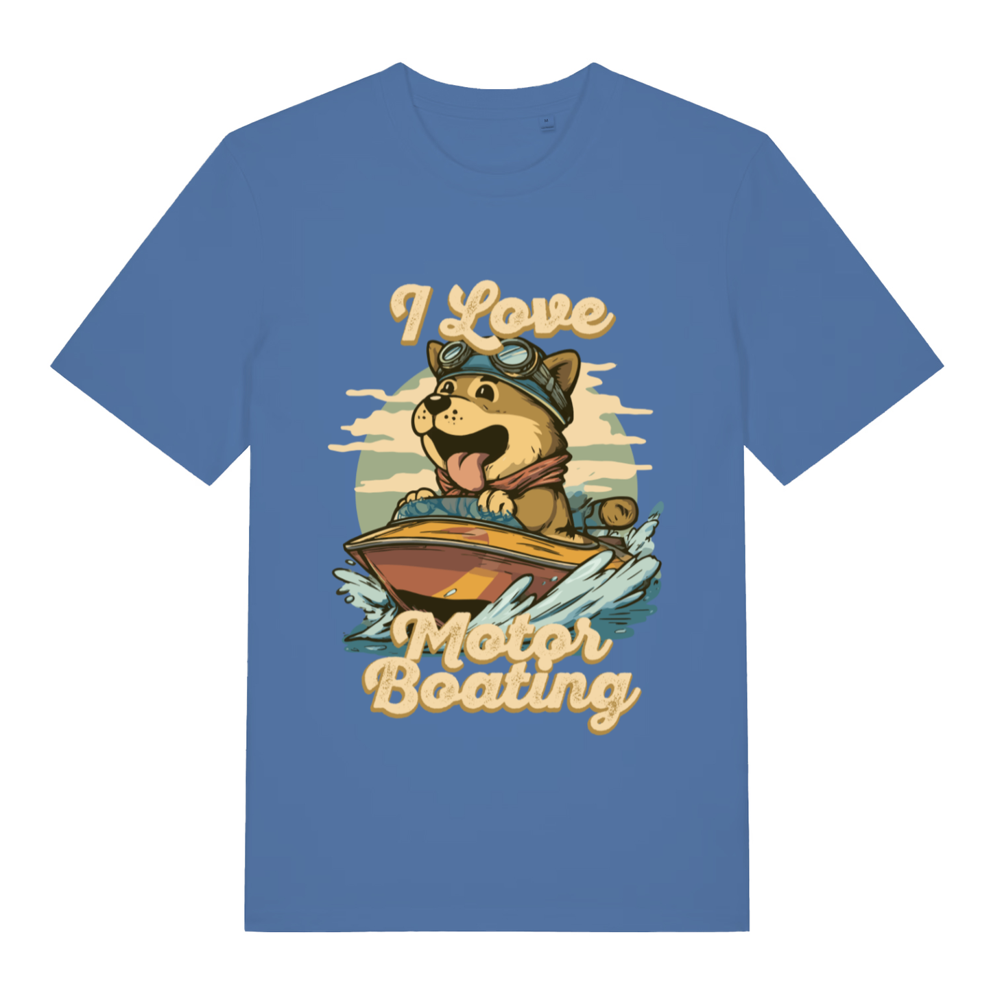 Blue I Love Motor Boating funny graphic t-shirt with dog tearing across the water  