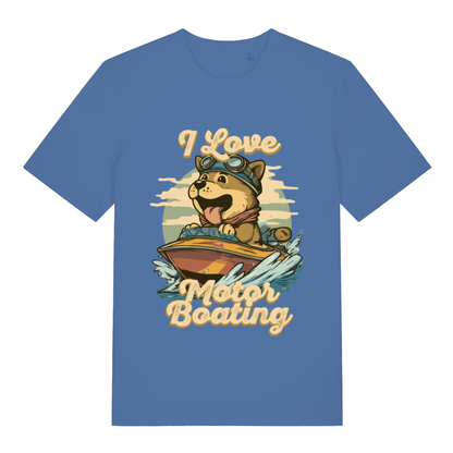 Blue I Love Motor Boating funny graphic t-shirt with dog tearing across the water  