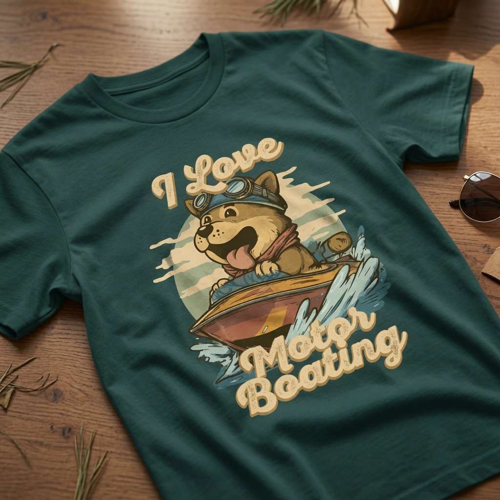 Green I Love Motorboating t-shirt laid flat on a wooden surface showing the full cartoon dog graphic, cheeky mens funny dog pun design full of pure attitude