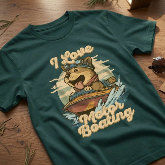 Green I Love Motorboating t-shirt laid flat on a wooden surface showing the full cartoon dog graphic, cheeky mens funny dog pun design full of pure attitude