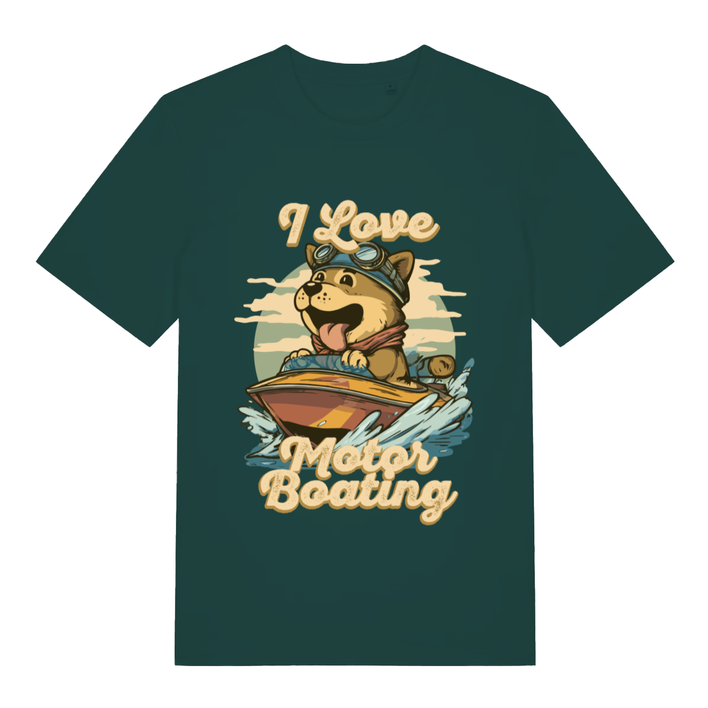 Green I Love Motor Boating funny graphic t-shirt showing happy dog and bold “Motor Boating” text  