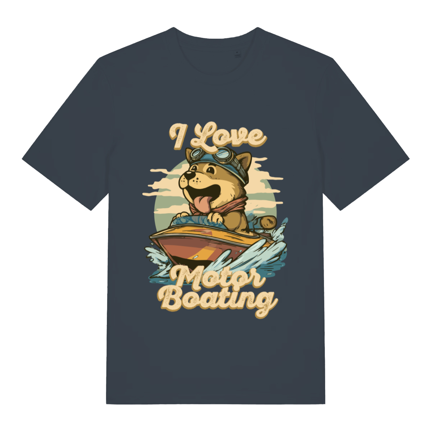 Ink grey I Love Motor Boating funny graphic t-shirt with detailed dog speedboat design  