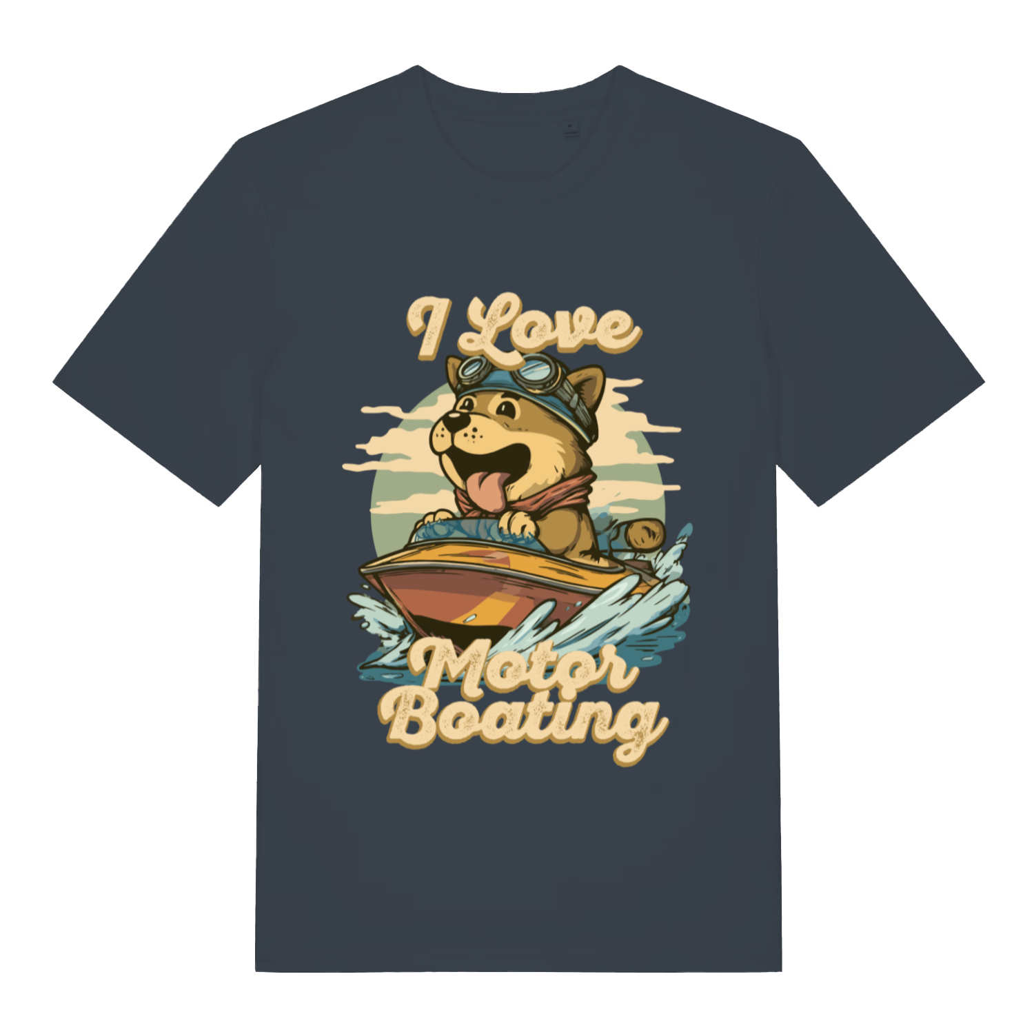 Ink grey I Love Motor Boating funny graphic t-shirt with detailed dog speedboat design  