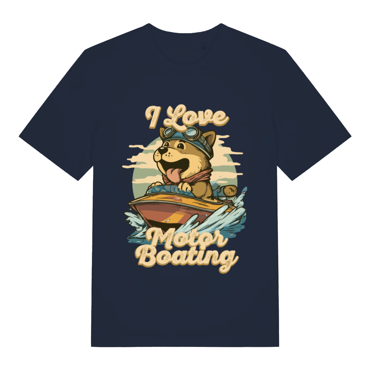 Navy I Love Motor Boating funny graphic t-shirt featuring goggled dog and cheeky slogan  