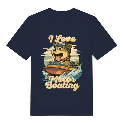 Navy I Love Motor Boating funny graphic t-shirt featuring goggled dog and cheeky slogan  